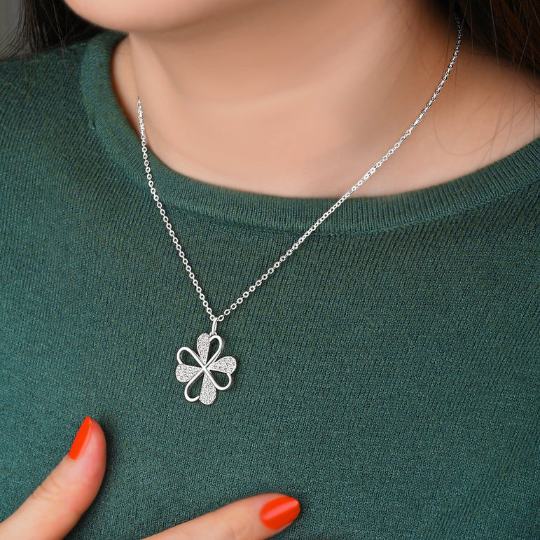 Lucky Infinity Heart Four Leaf Clover Necklace Silver Pendant Necklace