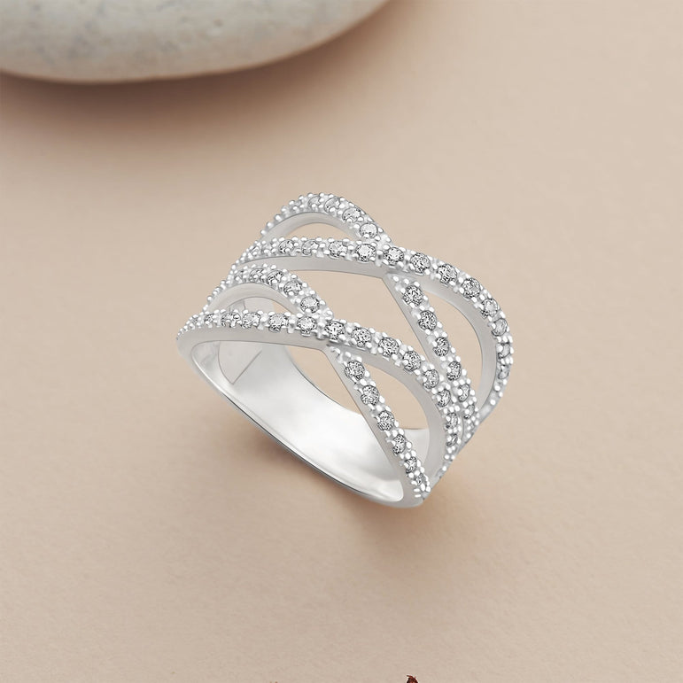 Double Cubic Zirconia Criss Cross Rings Silver Ring