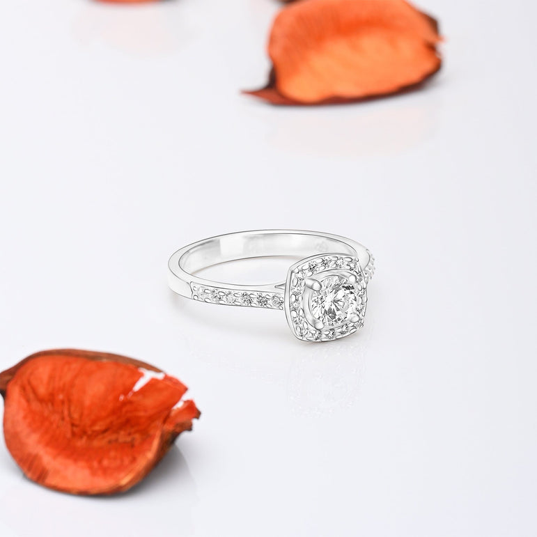 Square Halo Engagement Ring Sterling Silver CZ Channel Band Promise Ring
