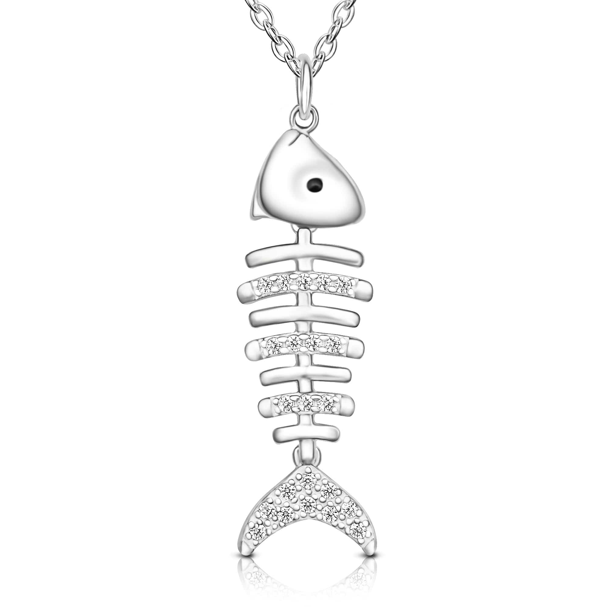 CZ Fishbone Sterling Silver Necklace Pendant Pendant Necklace