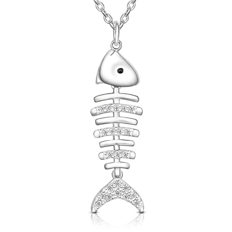 CZ Fishbone Sterling Silver Necklace Pendant Pendant Necklace