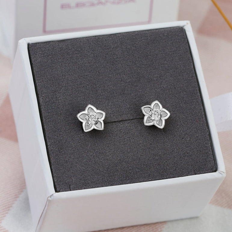 Blooming Cubic Zirconia Flower Stud Earrings Silver Stud Earrings