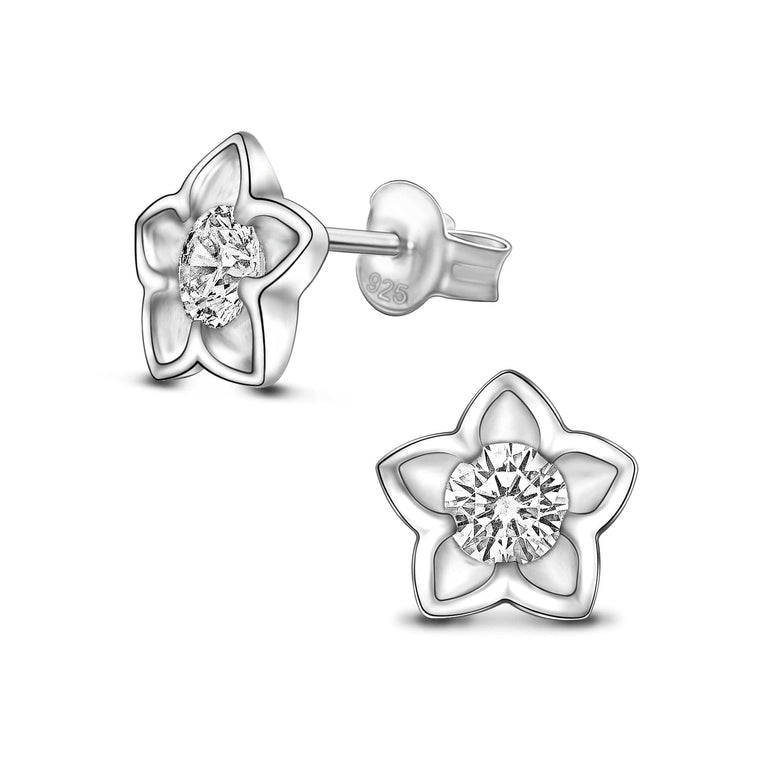 Blooming Cubic Zirconia Flower Stud Earrings Silver Stud Earrings