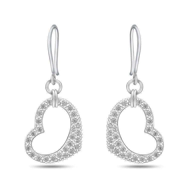 CZ Open Heart Earrings Dangle Sterling Silver Drop Earrings