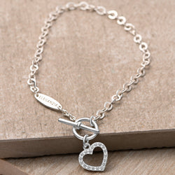 CZ Open Heart Bracelet in T-Bar Silver Chain Bracelet