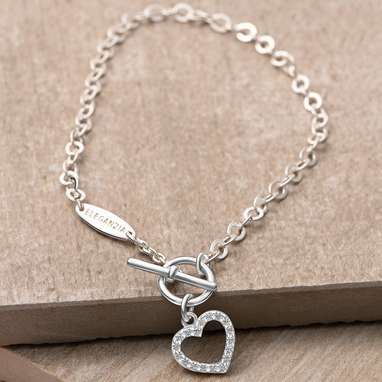 CZ Open Heart Bracelet in T-Bar Silver Chain Bracelet