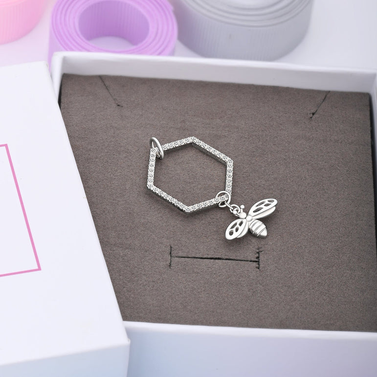Geometric Honeycomb Pendant with Bee Pendant Silver Pendant