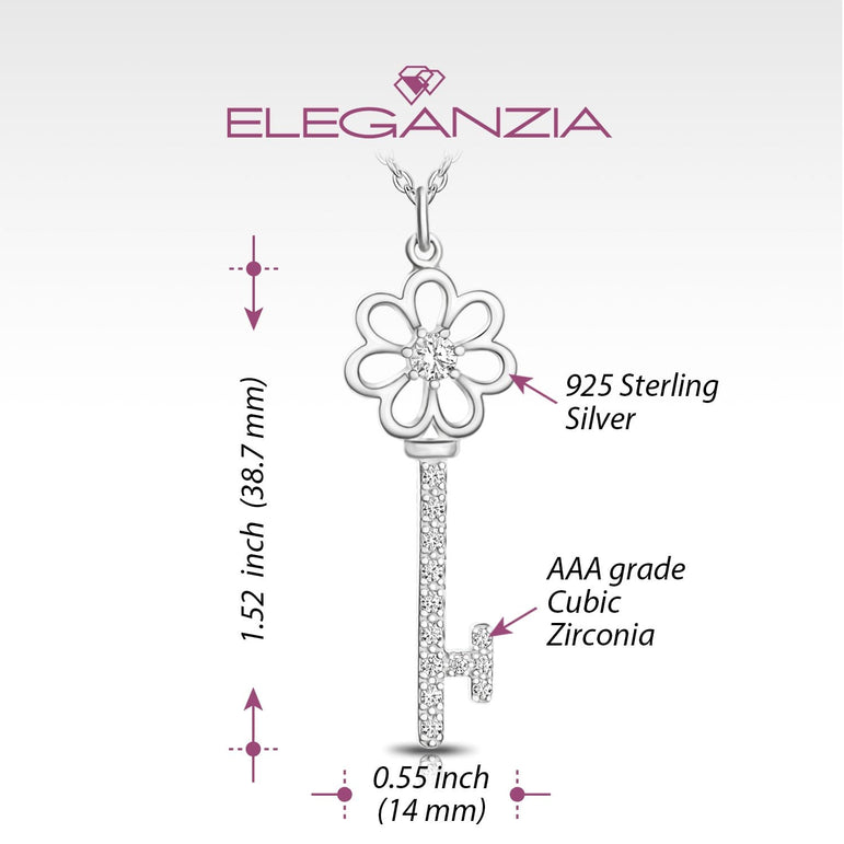CZ Flower Key Necklace Silver Pendant Necklace