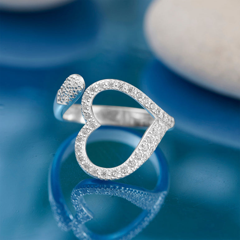 Sparkling CZ Open Heart Ring Adjustable Silver Ring Adjustable Ring