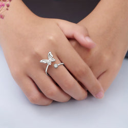 Simple Butterfly Ring Silver CZ Open Bypass Ring Adjustable Adjustable Ring