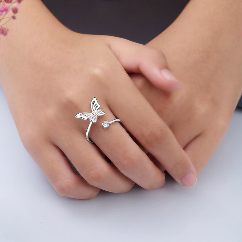 Simple Butterfly Ring Silver CZ Open Bypass Ring Adjustable Adjustable Ring
