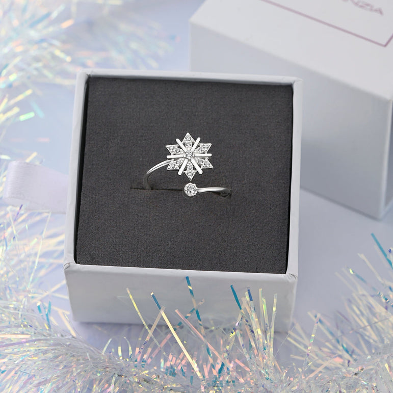 CZ Winter Star Silver Snowflake Ring Adjustable Ring