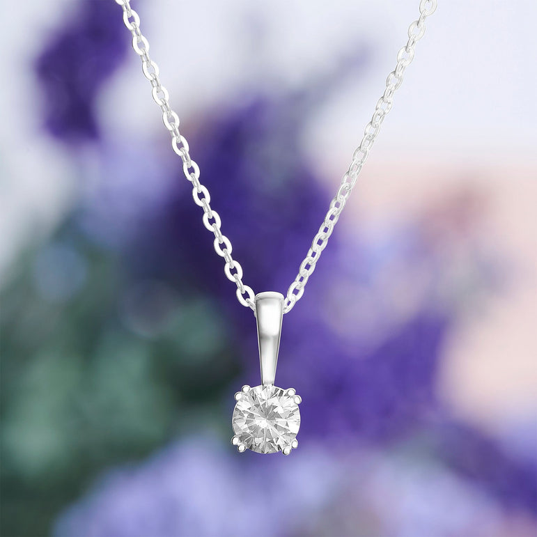 Round Cubic Zirconia Solitaire Necklace Silver Pendant Necklace