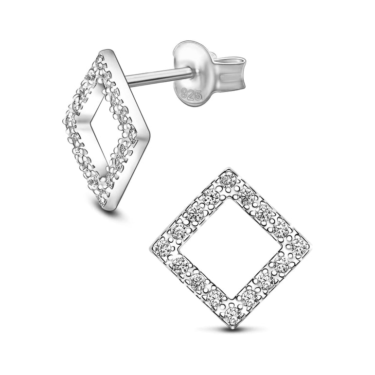 Open Square Cubic Zirconia Stud Earrings Silver Stud Earrings