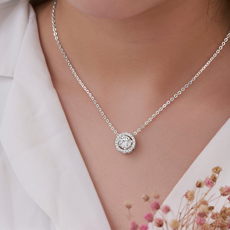 Round Sparkle Halo Necklace Sterling Silver Pendant Necklace