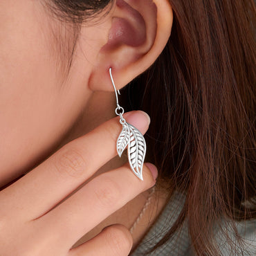 Feathered Leaf Drop Earrings Silver Dangle Earrings Drop Earrings