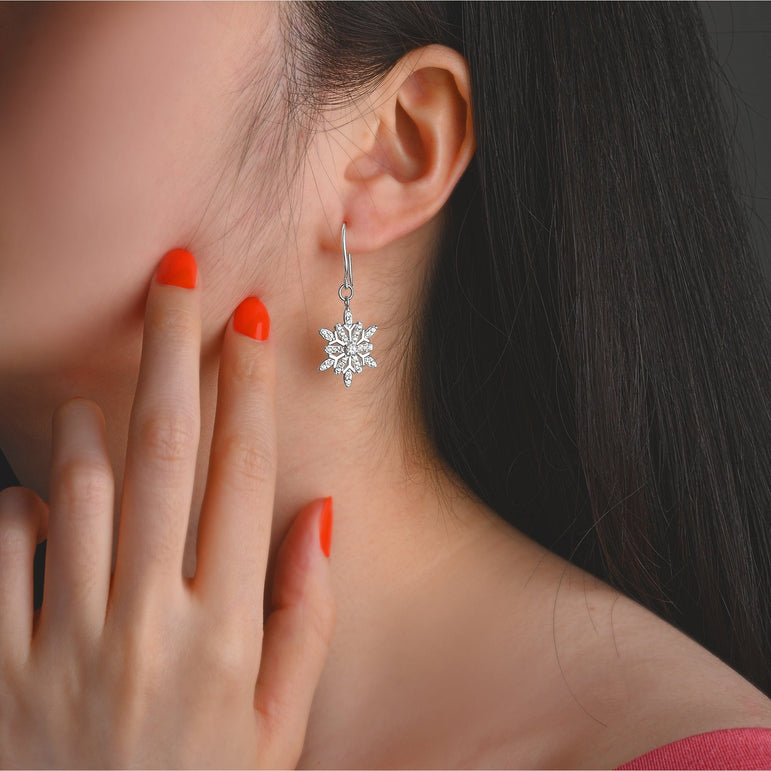 Frozen Winter CZ Snowflake Drop Earrings Silver Drop Earrings
