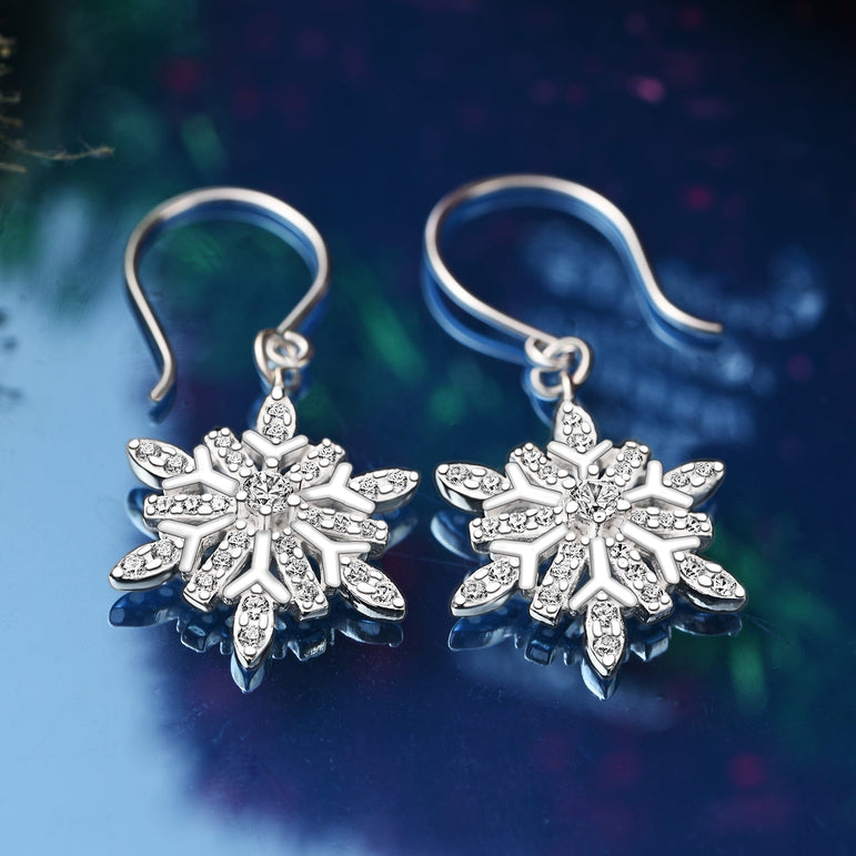 Frozen Winter CZ Snowflake Drop Earrings Silver Drop Earrings