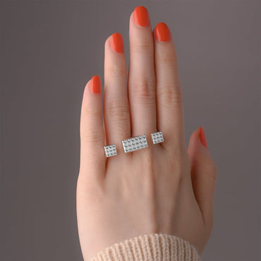 CZ Bar Two Finger Rings Adjustable Double Ring Band Silver Adjustable Ring