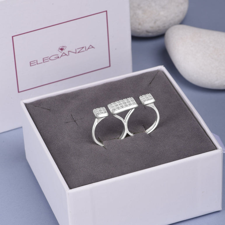 CZ Bar Two Finger Rings Adjustable Double Ring Band Silver Adjustable Ring