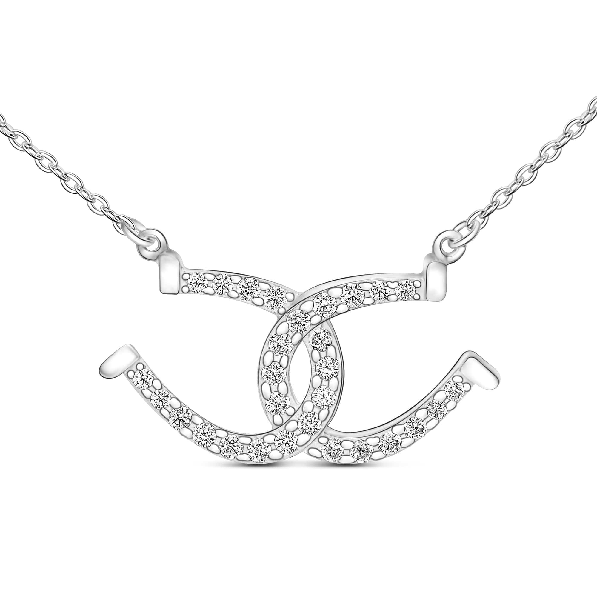 CZ Lucky Double Horseshoe Necklace Sterling Silver Pendant Necklace