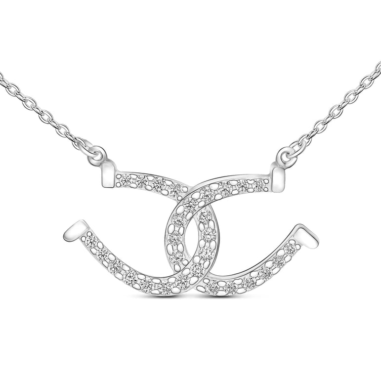 CZ Lucky Double Horseshoe Necklace Sterling Silver Pendant Necklace