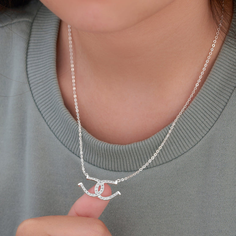 CZ Lucky Double Horseshoe Necklace Sterling Silver Pendant Necklace