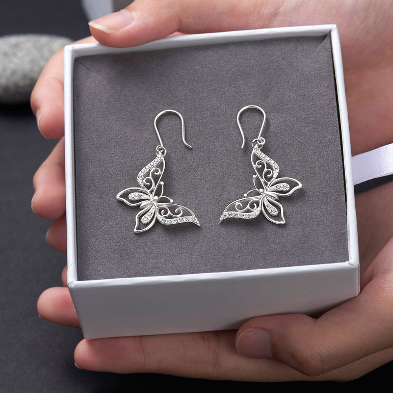 CZ Butterfly Earrings Silver Dangle Earrings Drop Earrings