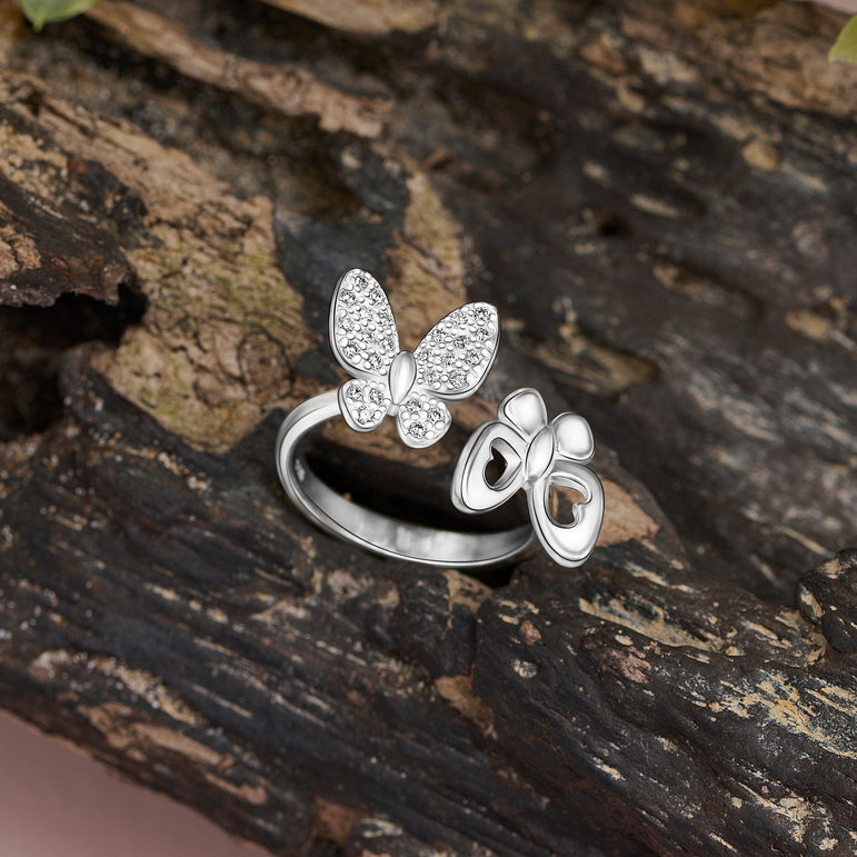 CZ Double Butterfly Ring Silver Adjustable Adjustable Ring