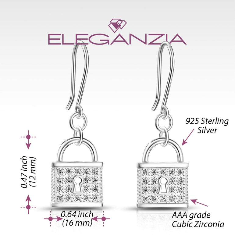 CZ Lock Earrings Silver Drop Earrings