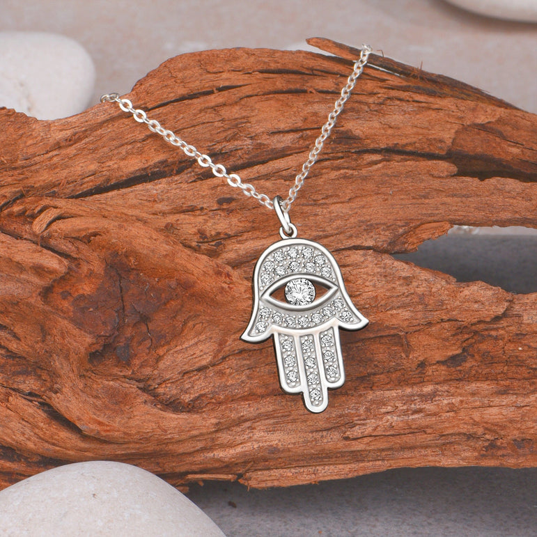 CZ Hamsa Hand Necklace Sterling Silver Pendant Necklace
