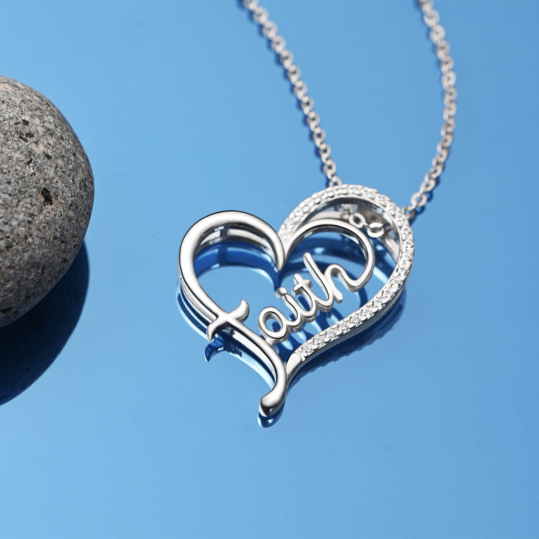 CZ Open Heart Necklace Faith Necklace Silver Pendant Necklace