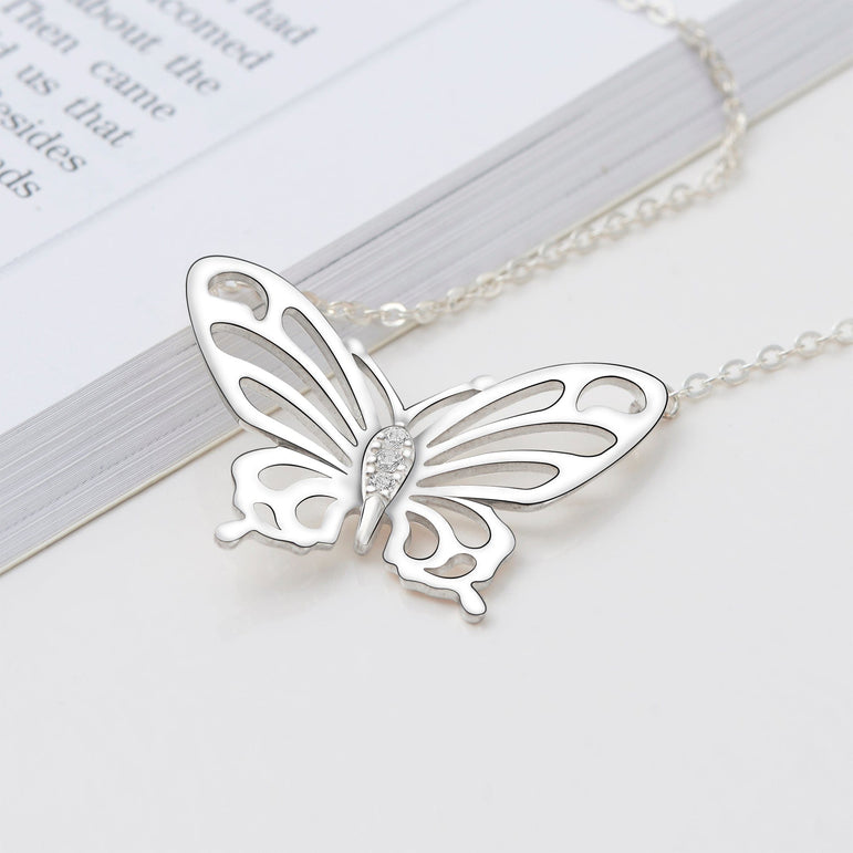 Simple CZ Butterfly Silver Necklace Pendant Necklace