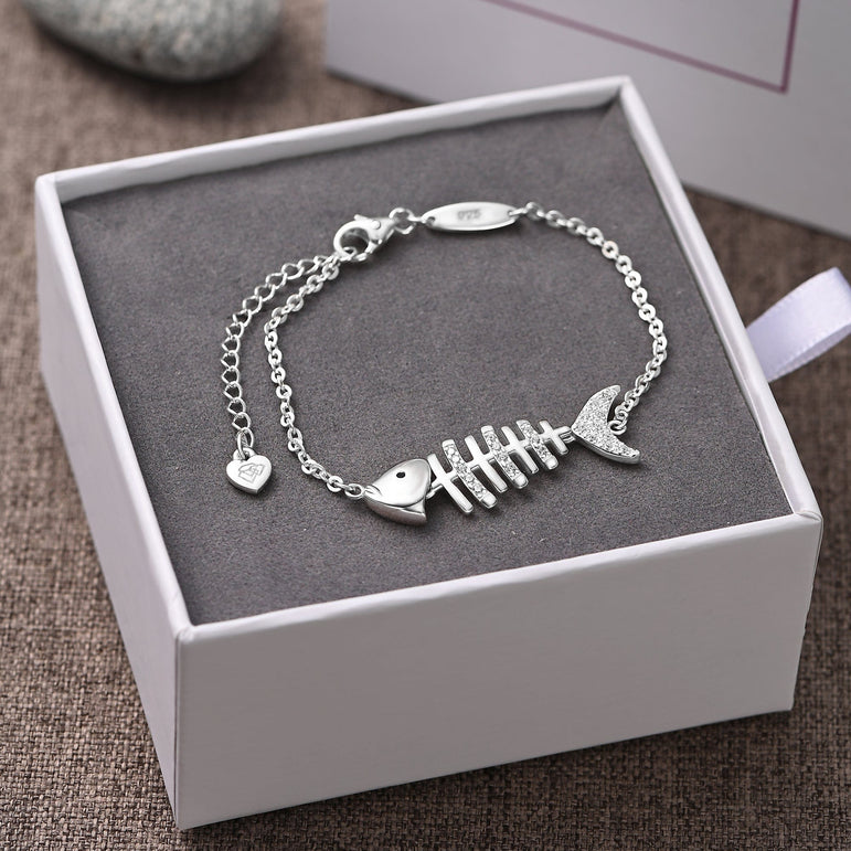 CZ Fishbone Sterling Silver Bracelet Chain Bracelet