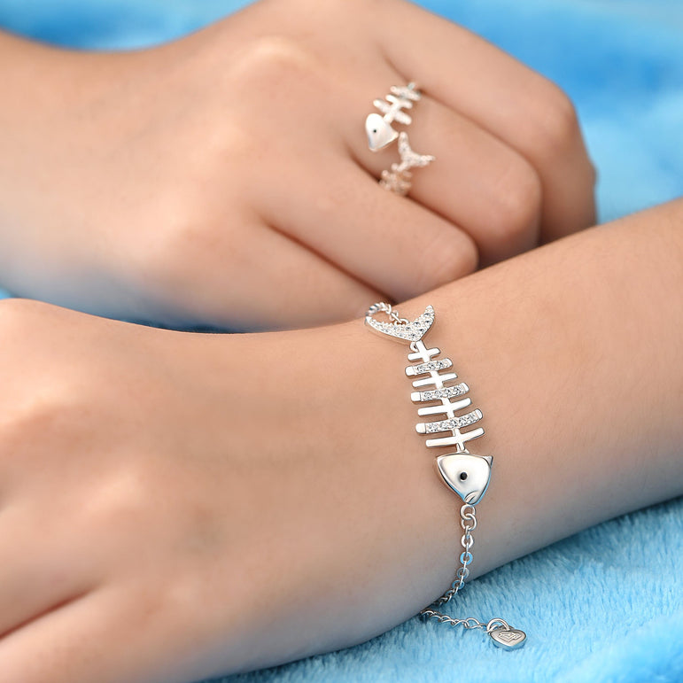 CZ Fishbone Sterling Silver Bracelet Chain Bracelet