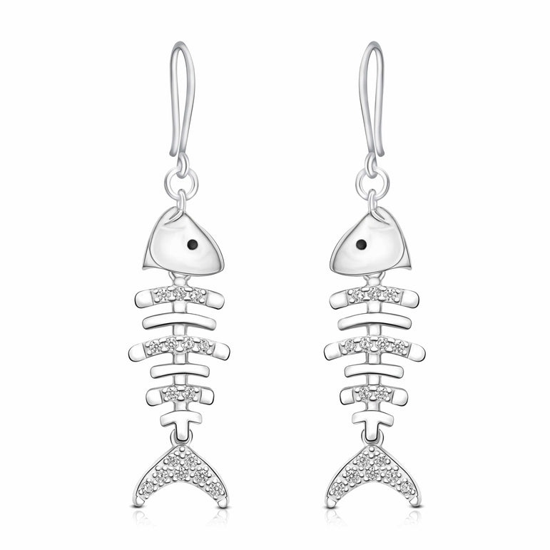 CZ Fishbone Drop Earrings Silver Dangle Earrings Drop Earrings