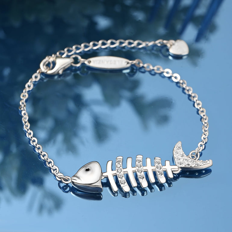 CZ Fishbone Sterling Silver Bracelet Chain Bracelet