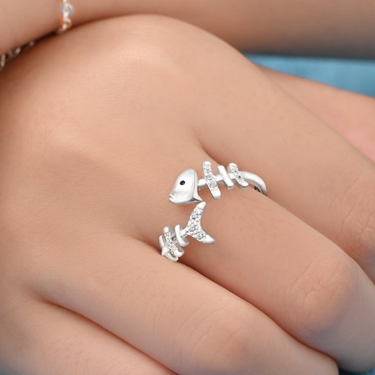 Fishbone Sterling Silver Ring with Stones Adjustable Ring