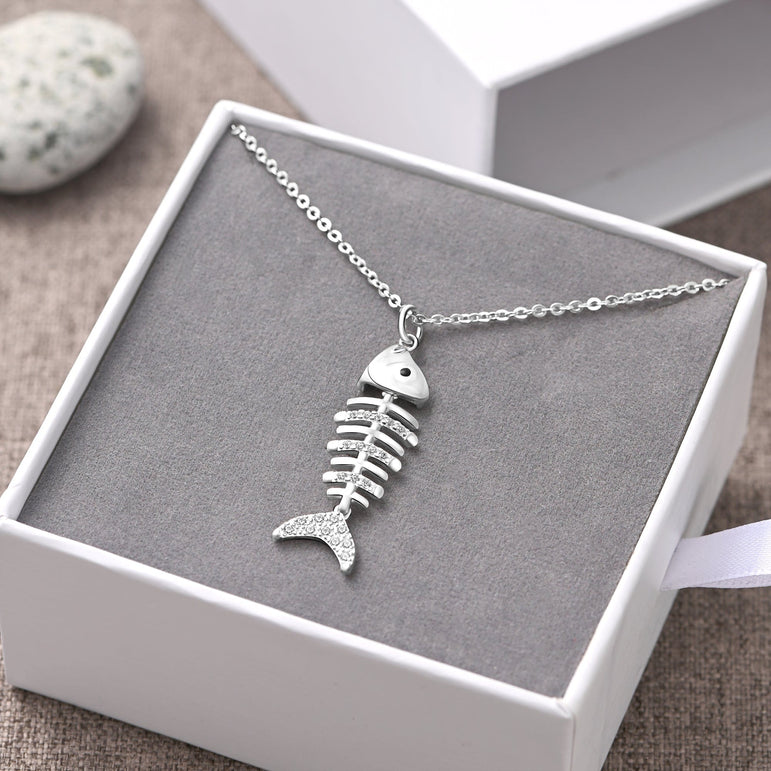 CZ Fishbone Sterling Silver Necklace Pendant Pendant Necklace