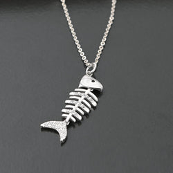 CZ Fishbone Sterling Silver Necklace Pendant Pendant Necklace