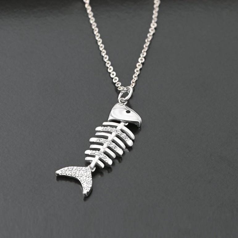 CZ Fishbone Sterling Silver Necklace Pendant Pendant Necklace