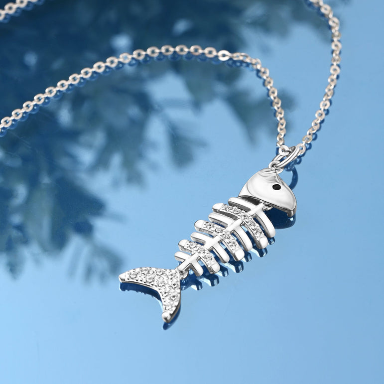 CZ Fishbone Sterling Silver Necklace Pendant Pendant Necklace