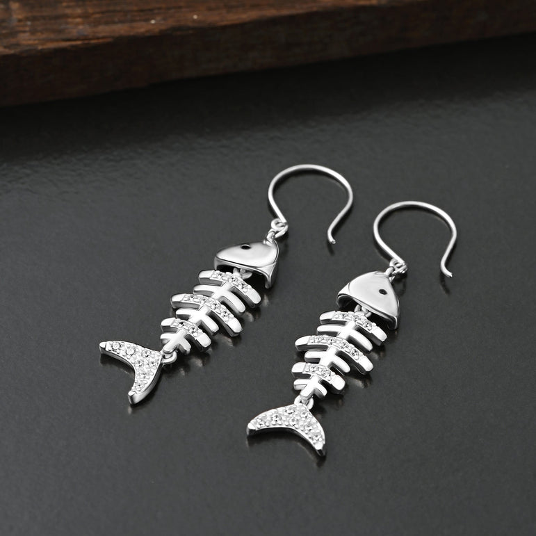 CZ Fishbone Drop Earrings Silver Dangle Earrings Drop Earrings