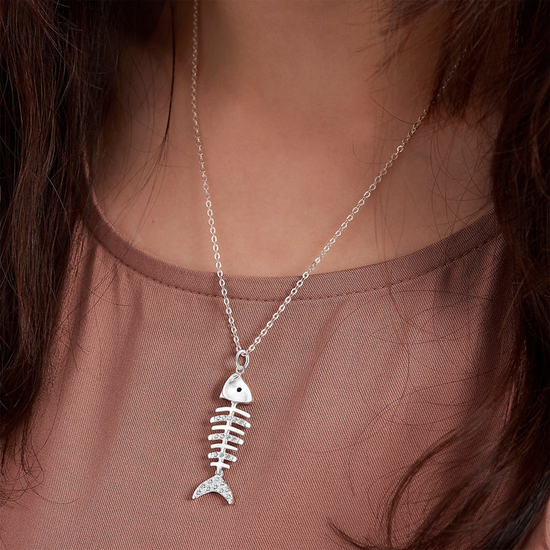 CZ Fishbone Sterling Silver Necklace Pendant Pendant Necklace