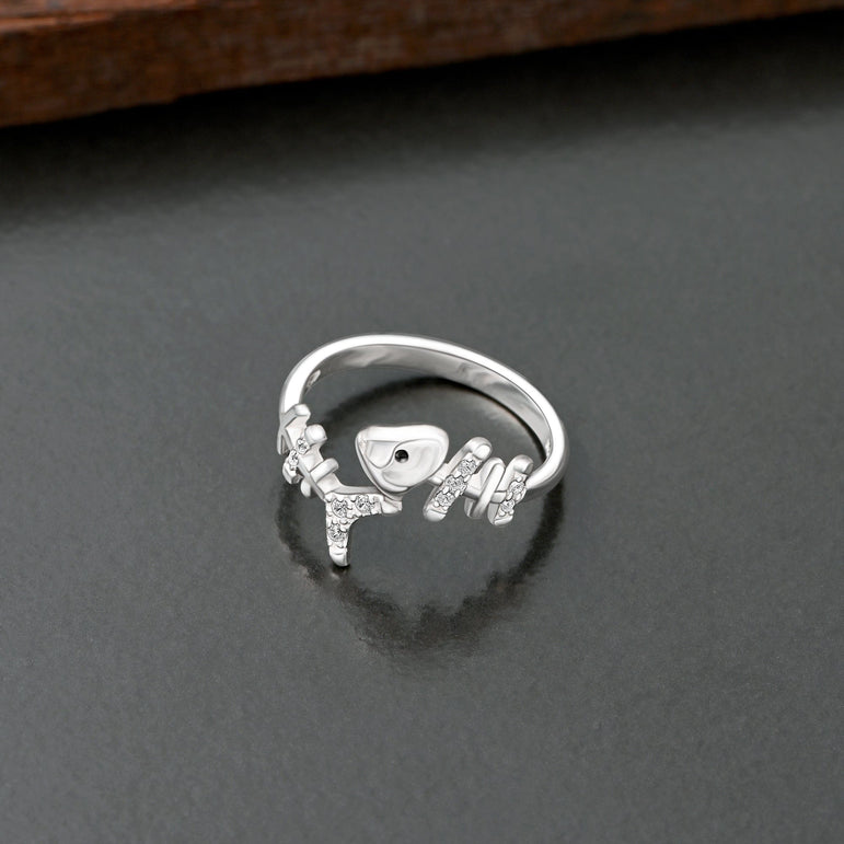 Fishbone Sterling Silver Ring with Stones Adjustable Ring