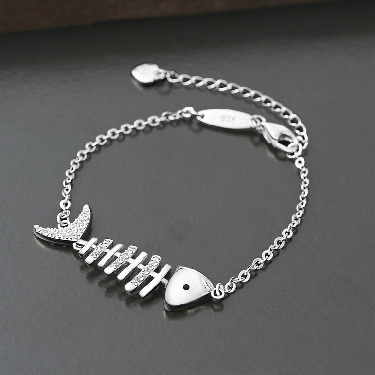 CZ Fishbone Sterling Silver Bracelet Chain Bracelet