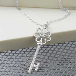 CZ Flower Key Necklace Silver Pendant Necklace