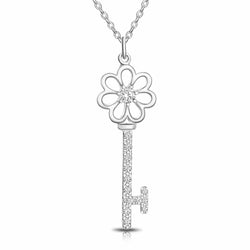 CZ Flower Key Necklace Silver Pendant Necklace