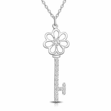 CZ Flower Key Necklace Silver Pendant Necklace