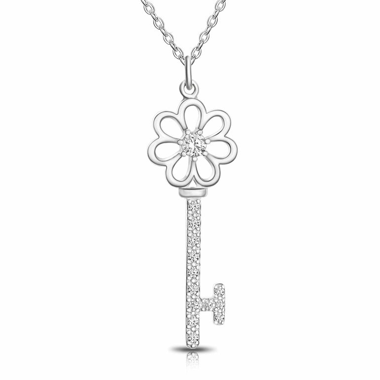 CZ Flower Key Necklace Silver Pendant Necklace